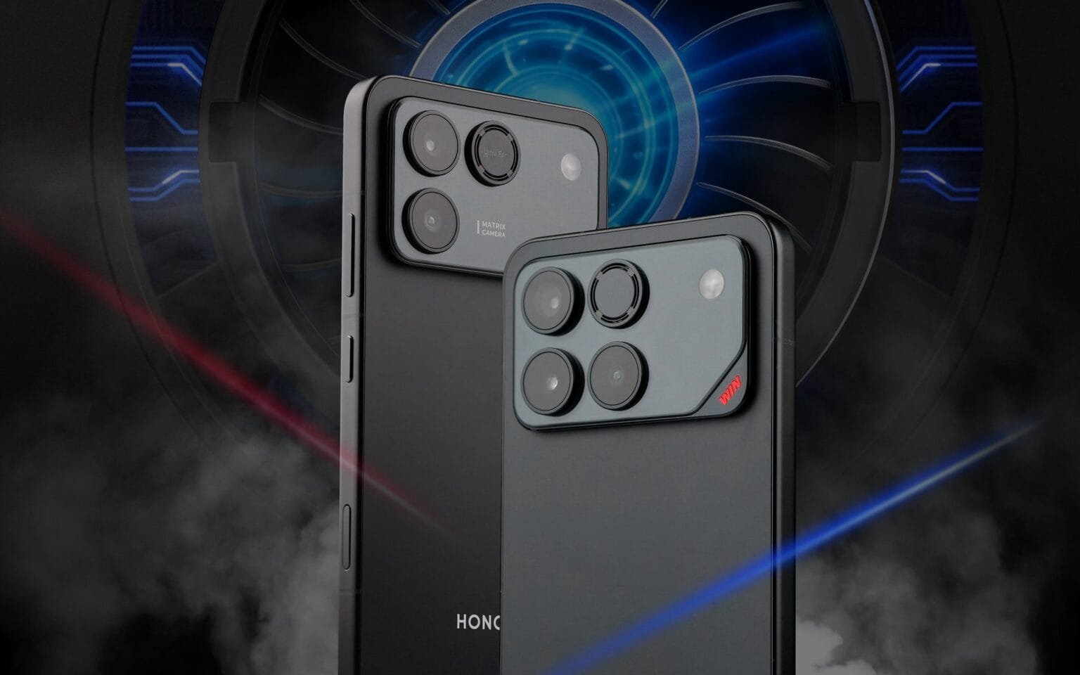 Two Honor phones, a Win and Win RT, showcasing their square camera modules with four lenses each, set against a dark, high-tech background.
