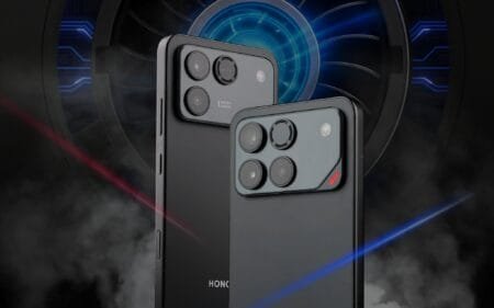 Two Honor phones, a Win and Win RT, showcasing their square camera modules with four lenses each, set against a dark, high-tech background.