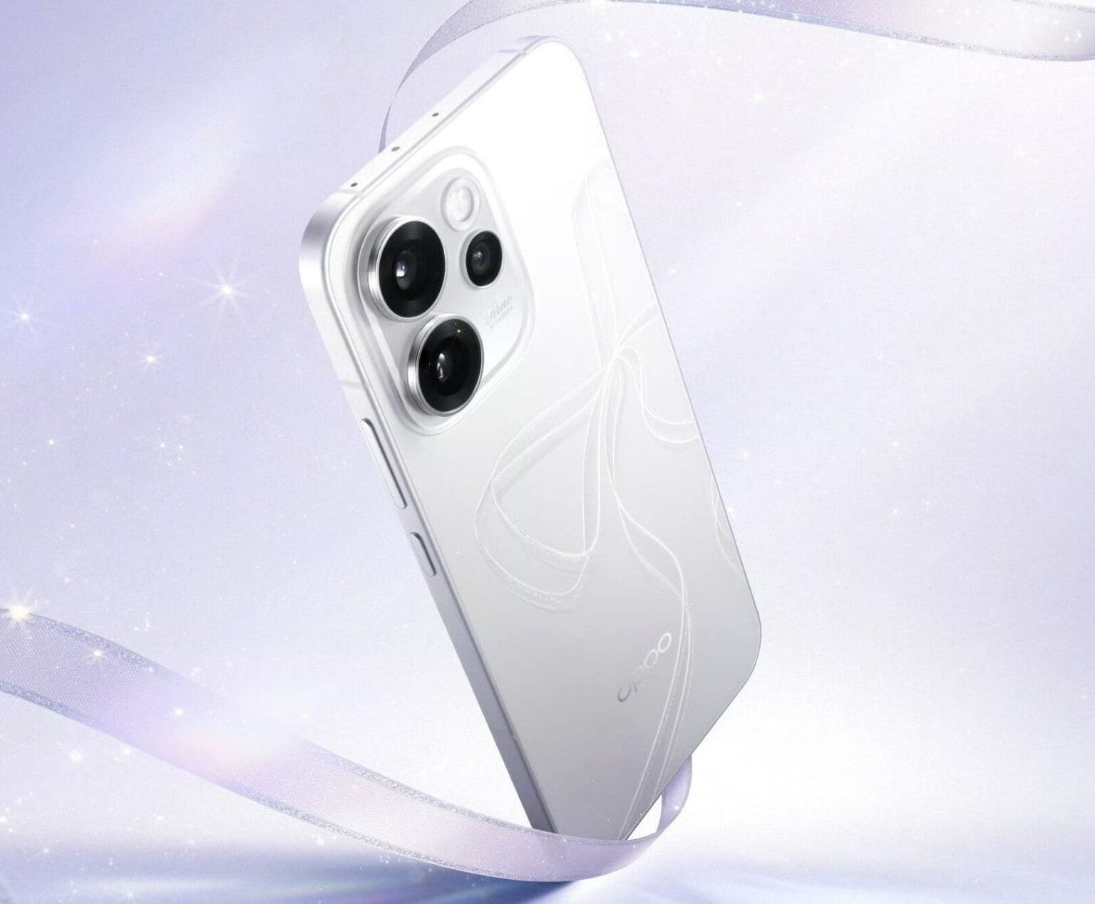 Close-up of the OPPO Reno 15 Pro Mini, highlighting its sleek white design, unique camera arrangement, and subtle back pattern.