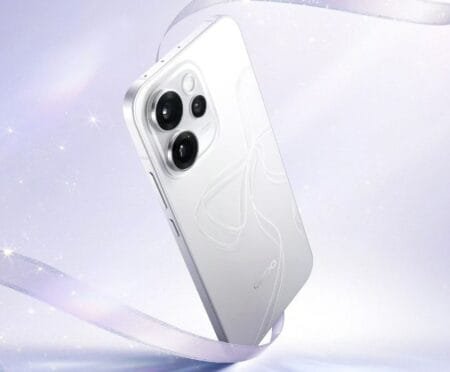 OPPO Reno 15 Pro Mini Global Launch Close-up of the OPPO Reno 15 Pro Mini, highlighting its sleek white design, unique camera arrangement, and subtle back pattern.