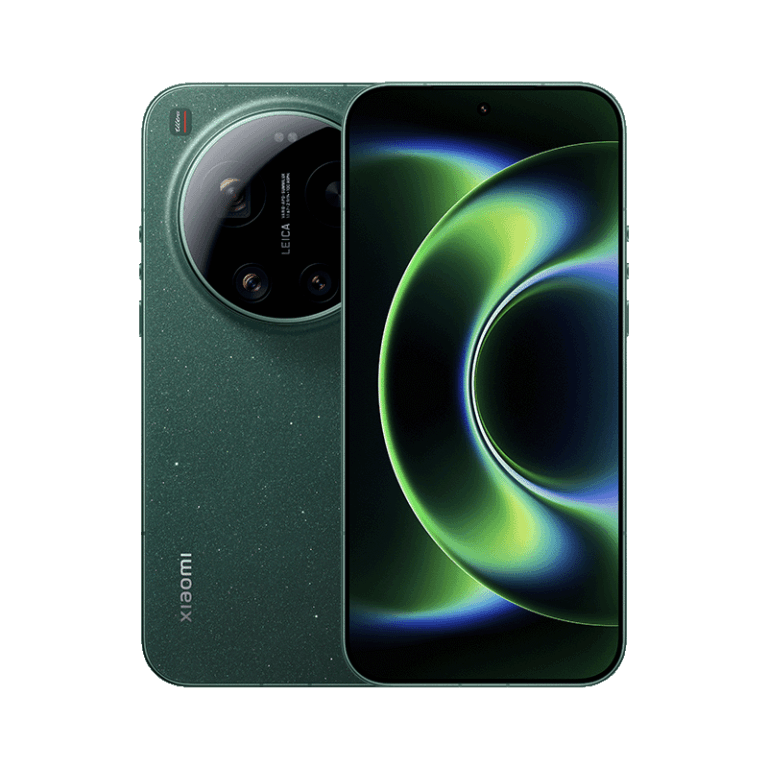 Xiaomi 17 Ultra A close-up studio shot of the Xiaomi 14 Ultra in a dark green color variant, showcasing its large circular camera module with Leica lenses and a sleek, curved display.