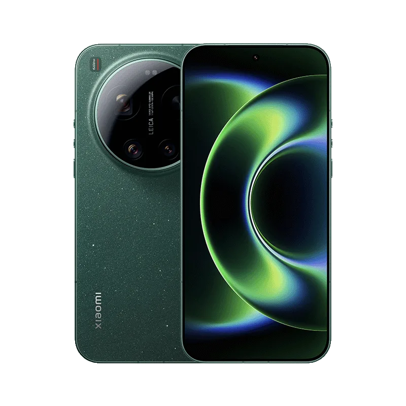 A close-up studio shot of the Xiaomi 14 Ultra in a dark green color variant, showcasing its large circular camera module with Leica lenses and a sleek, curved display.