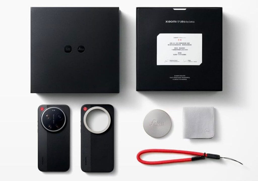 The Xiaomi 17 Ultra is Now Official in China with Special Edition by Leica 4 Unboxing of the Xiaomi 17 Ultra Leica Edition, featuring the phone in a protective case, a lens cover, a wiping cloth, a red lanyard, and the premium black packaging with Xiaomi and Leica logos.