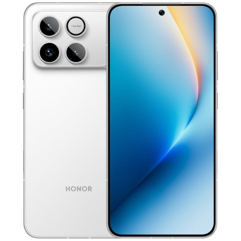 The white Honor Win phone is displayed with its back and screen visible. The rear features a prominent circular camera module with four lenses and 'Ultra Fan' text, while the front shows a blue and white wallpaper.