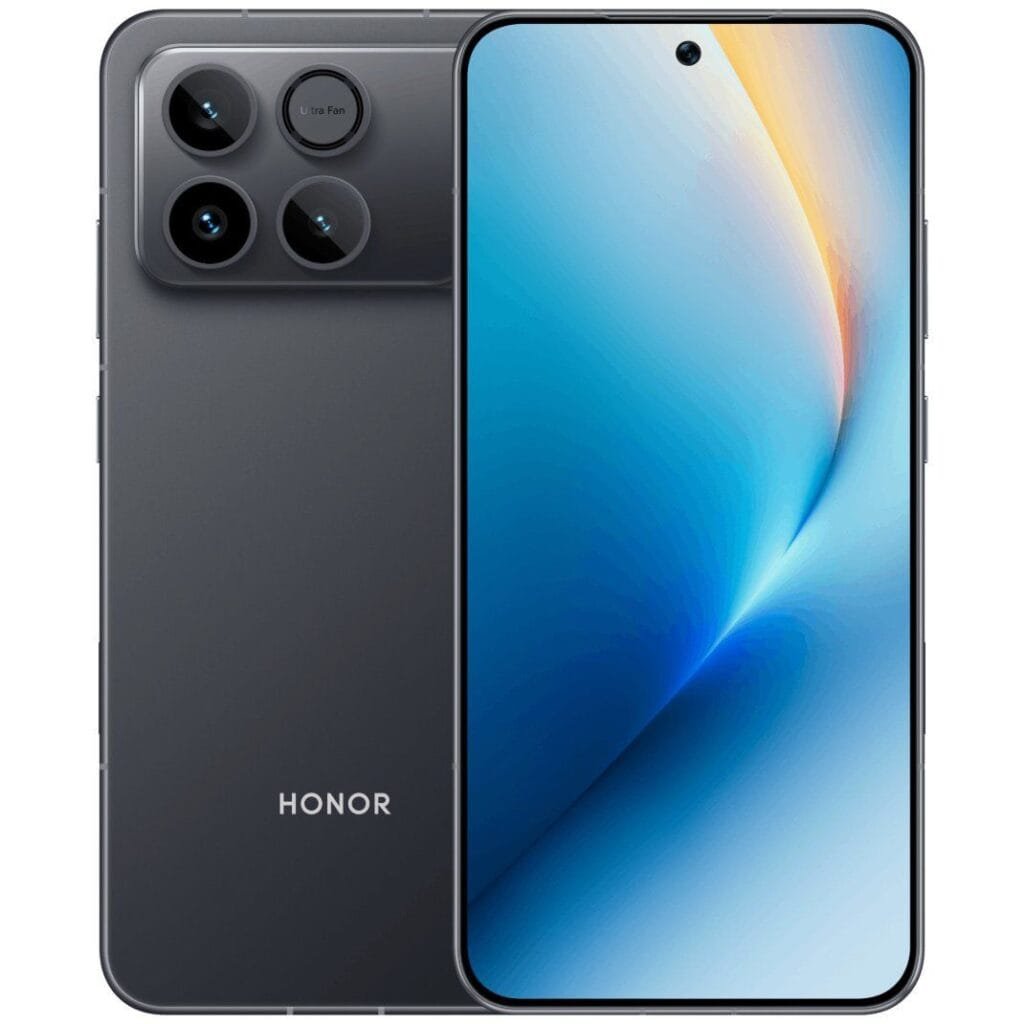 The Honor Win RT phone, shown in a dark gray or black color, features a circular camera module with four lenses labeled 'Ultra Fan' on the rear. The display shows a blue and white gradient wallpaper.