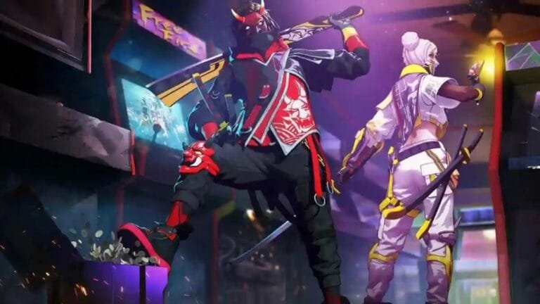Free Fire Max Drops New Redeem Codes | Here’s How to Claim Weapon Skins, Diamonds & More Two Free Fire Max characters: one in a red and black oni mask outfit, the other in white and yellow, both wielding katanas in a vibrant urban setting.