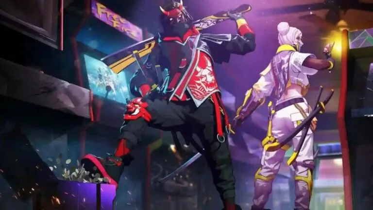 Two Free Fire Max characters: one in a red and black oni mask outfit, the other in white and yellow, both wielding katanas in a vibrant urban setting.