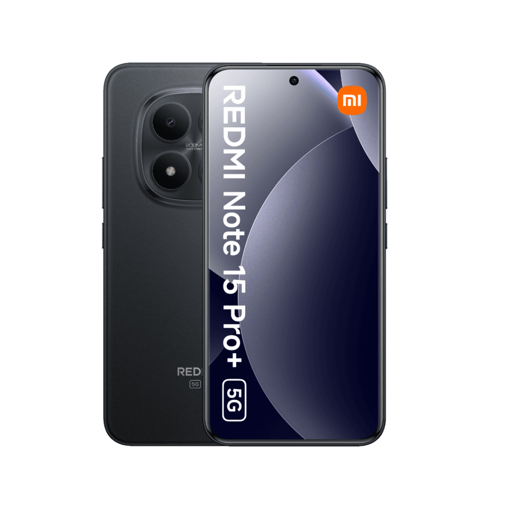 Image displaying the Redmi Note 15 Pro+ 5G in a black color variant. The phone features a wallpaper with the "Redmi Note 15 Pro+ 5G" text overlay on its front screen. The back of the device showcases a dual-camera setup within a circular module. The Xiaomi logo is positioned at the top right corner of the screen.