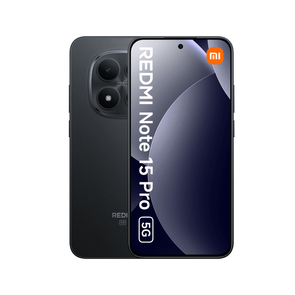Image of the Redmi Note 15 Pro 5G in black. The front screen has a wallpaper with the "Redmi Note 15 Pro 5G" text overlay. The rear shows its dual-camera design inside a circular bump. The Xiaomi logo is at the top right of the display.