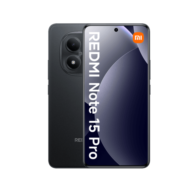 Image showcasing the Redmi Note 15 Pro in black. The phone's front display features a minimalist wallpaper with the "Redmi Note 15 Pro" text overlay. The rear view highlights a unique dual-camera setup arranged vertically within a circular module. The Xiaomi logo is visible on the upper right corner of the display.