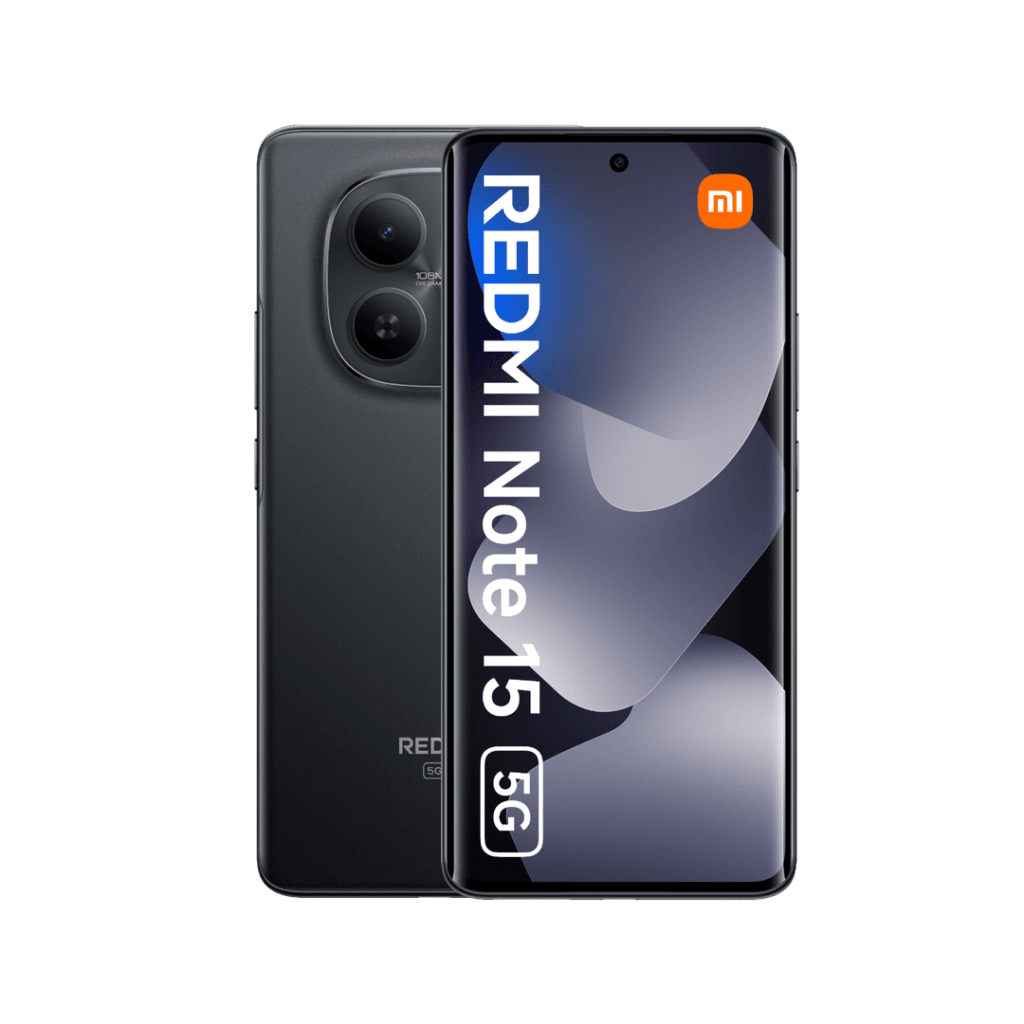 The Redmi Note 15 5G in black, highlighting its distinctive circular camera module, slim profile, and edge-to-edge display.