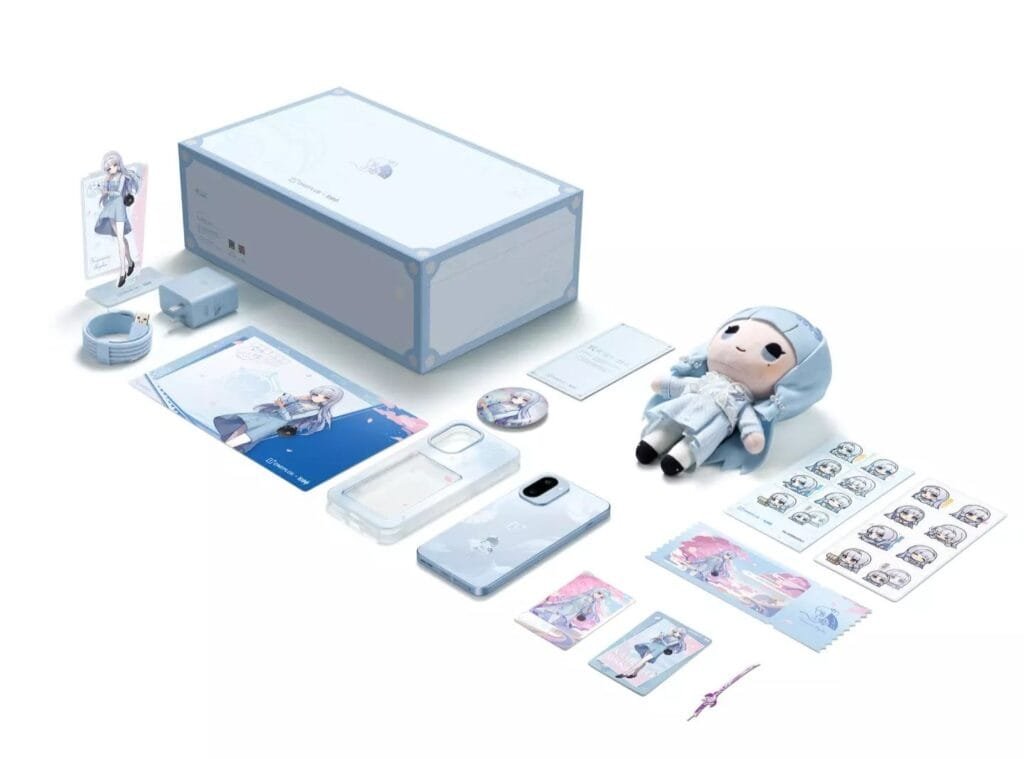 A collector's set of the OnePlus Ace 6T Genshin Impact Kamisato Ayaka Edition, including a special edition phone, themed accessories, and a Kamisato Ayaka doll.
