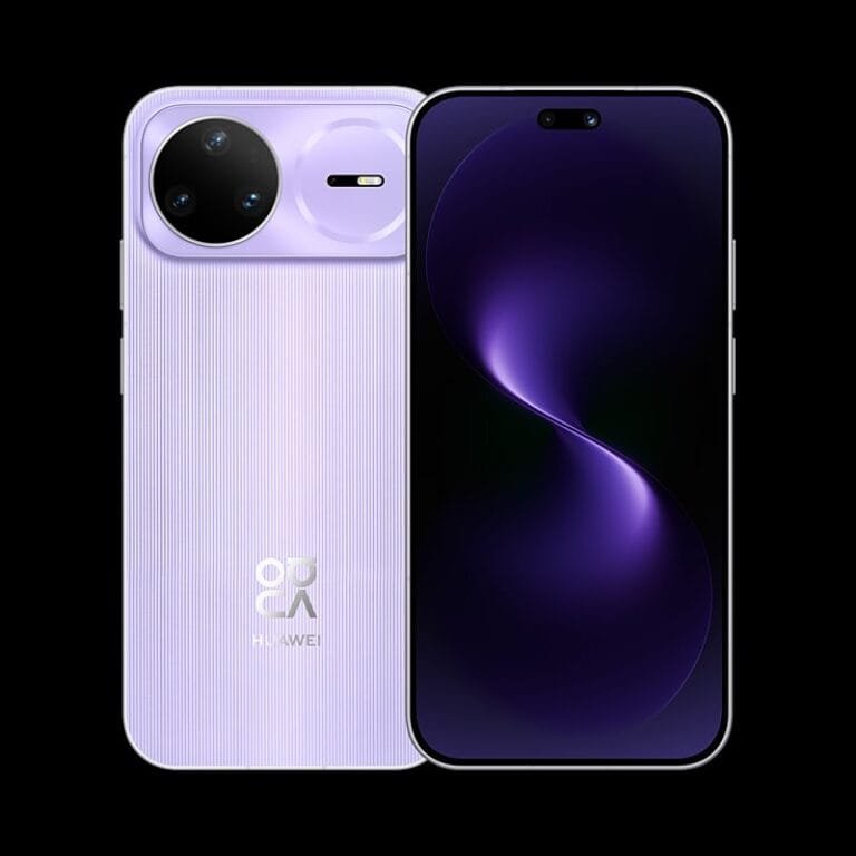 Huawei nova 15 Pro Huawei Nova 15 Pro smartphone, displayed with front and back views on a black background. The back has a light purple textured surface, a dual-lens circular camera module positioned separately from a flash/sensor unit, and the Huawei logo with the Nova series emblem. The front features a curved display with a central punch-hole camera and a purple abstract wallpaper.