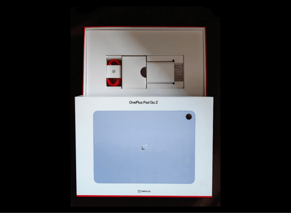 Image of the OnePlus Pad Go 2 in Lavender within its retail packaging, including charger and cable.