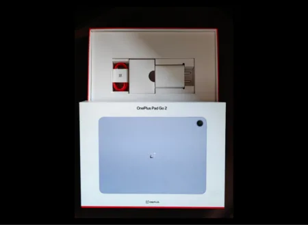 Image of the OnePlus Pad Go 2 in Lavender within its retail packaging, including charger and cable.