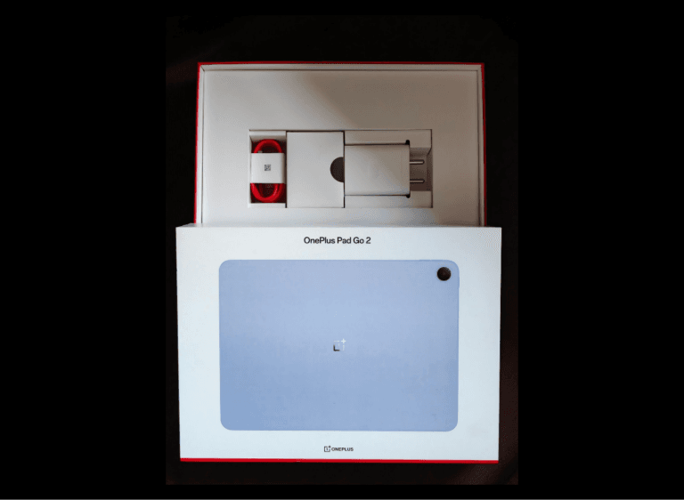 Image of the OnePlus Pad Go 2 in Lavender within its retail packaging, including charger and cable.