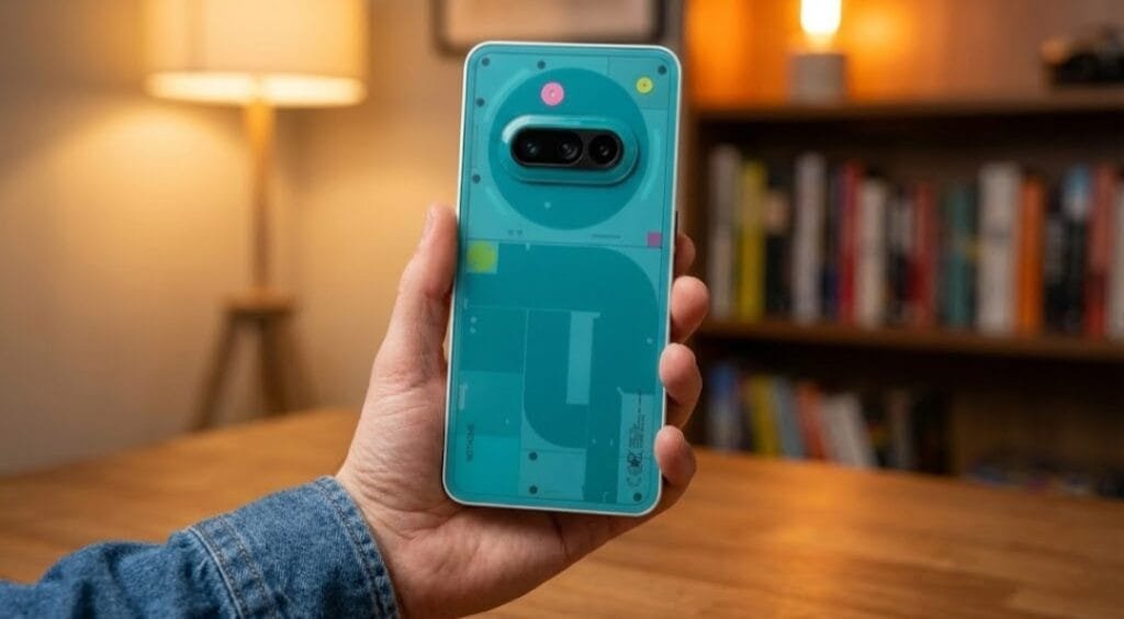 A hand holds the Nothing Phone (3) Community Edition, showcasing its unique teal-colored, semi-transparent back design with visible internal components and a distinctive camera module. The background includes a blurred bookshelf and a lamp, suggesting an indoor setting.
