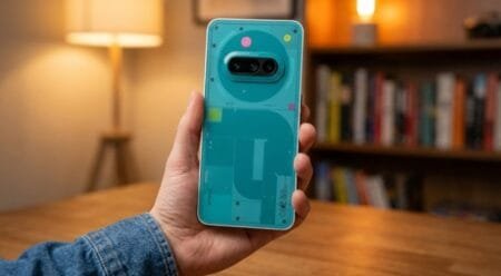 Nothing Phone (3a) Community Edition Launched in India A hand holds the Nothing Phone (3) Community Edition, showcasing its unique teal-colored, semi-transparent back design with visible internal components and a distinctive camera module. The background includes a blurred bookshelf and a lamp, suggesting an indoor setting.
