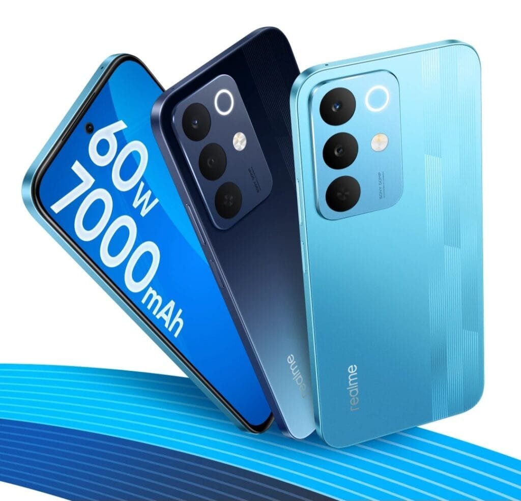 Realme Narzo 90x 5G in Flash Blue and Nitro Blue. Rear cameras, textured design shown; front screen highlights 60W charging and 7000mAh battery. Blue striped background.