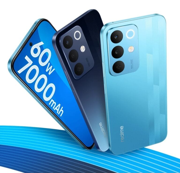 Realme Narzo 90x 5G Launched in India with Starting Price of ₹13,999 Realme Narzo 90x 5G in Flash Blue and Nitro Blue. Rear cameras, textured design shown; front screen highlights 60W charging and 7000mAh battery. Blue striped background.