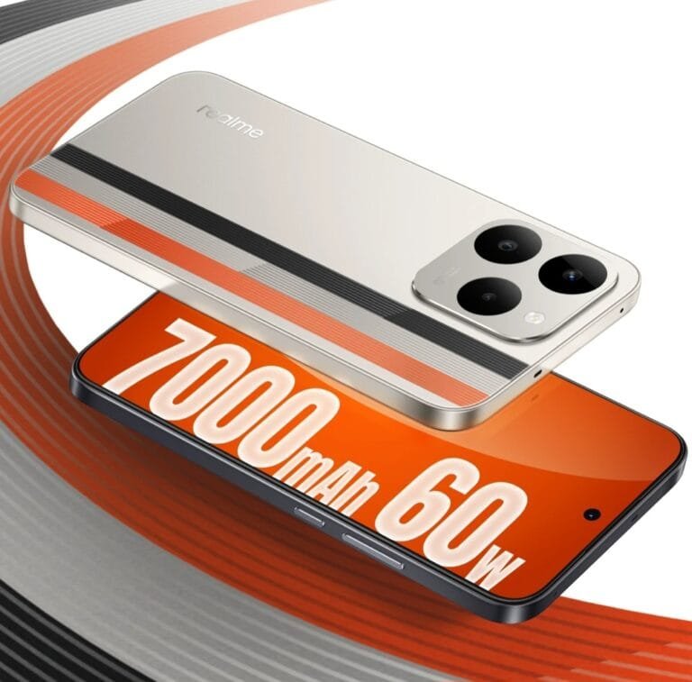 Realme Narzo 90 5G Launched in India with a Starting Price of ₹16,999 Two Realme Narzo 90 5G smartphones displayed against a dynamic background of swirling orange and gray lines. The top device shows its back in a light silver finish with a horizontal orange and black striped accent, the 'realme' logo, and a square triple-camera module. The bottom device faces forward, with its screen displaying large white text '7000 mAh 60W' on an orange backdrop, highlighting the phone’s key battery and charging features.
