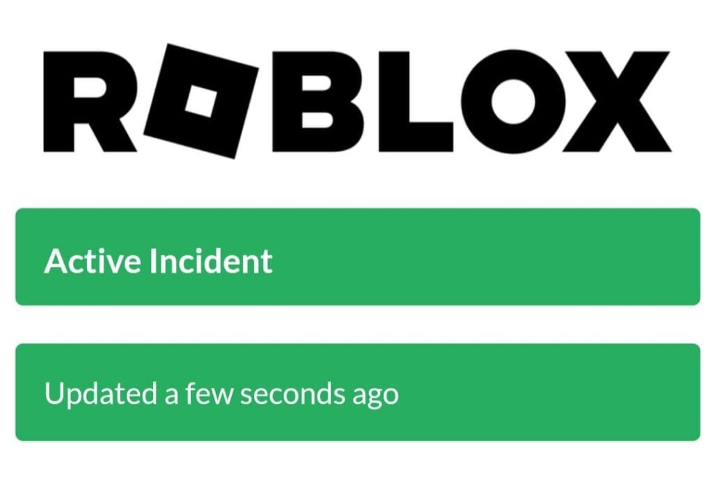 Screenshot of the Roblox status page showing an 'Active Incident' notification and a timestamp indicating it was updated recently.