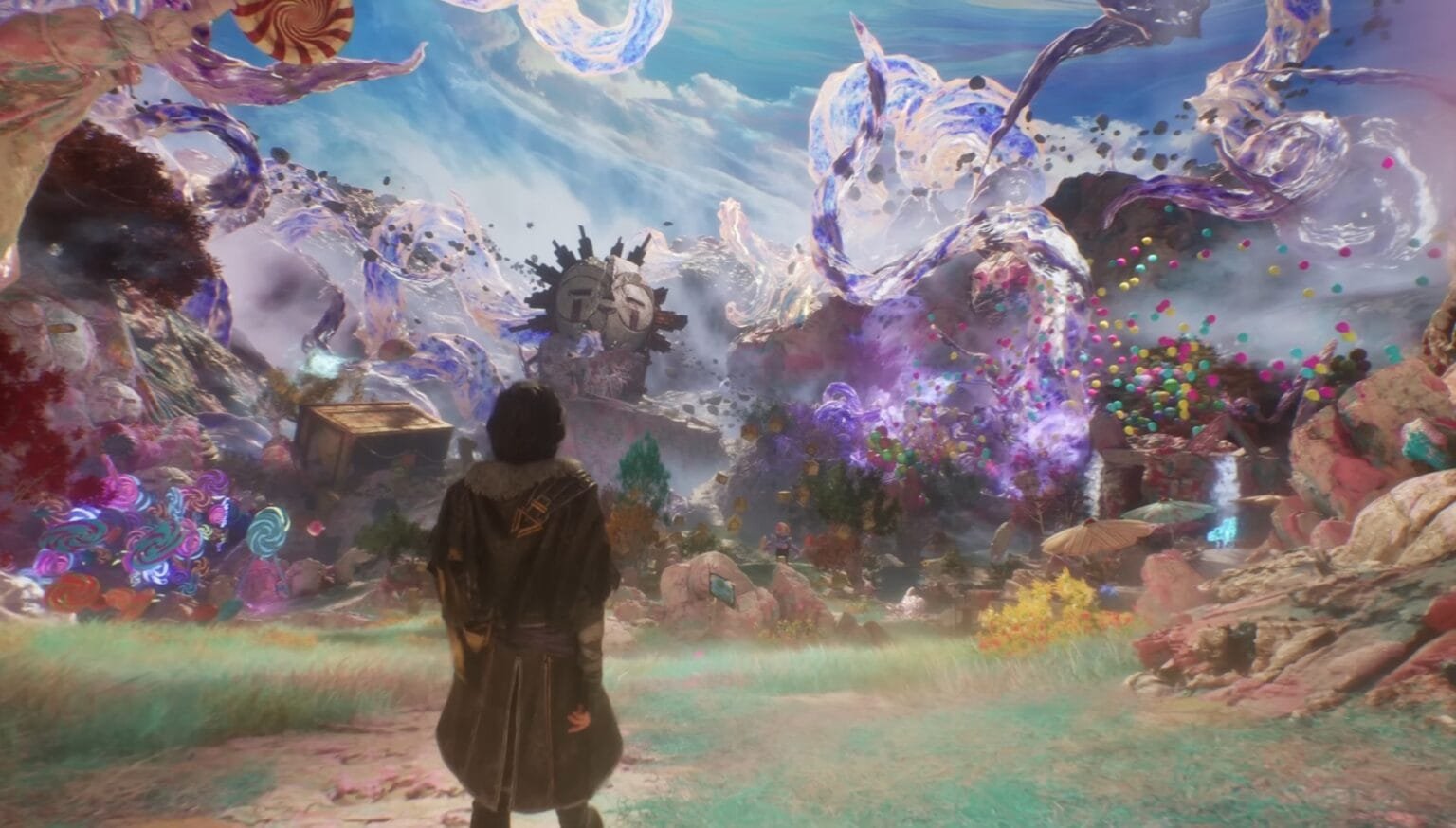 A character in Clair Obscur: Expedition 33 views a vibrant, surreal landscape filled with floating structures, candy-like objects, and colorful details.