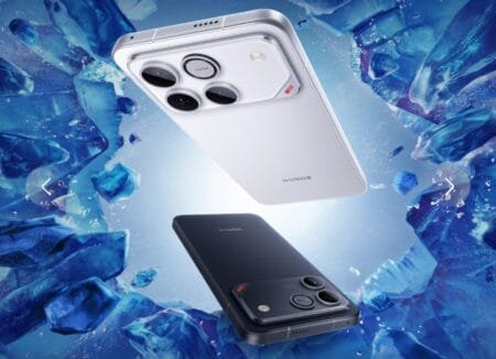 Two Honor Win series phones, one white and one black, float against a dynamic background of broken blue ice. The camera array on each is visible, with 'WIN' branding on the white model.