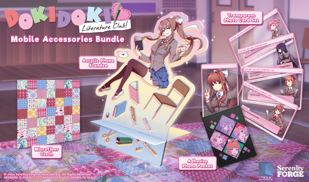 Image showcasing the Doki Doki Literature Club mobile accessories bundle. Features include an acrylic phone standee with a Monika figure, transparent photo card set with character art, a microfiber cloth with a patchwork design, and an adhesive phone pocket with character icons. The bundle is branded with the Doki Doki Literature Club logo and the Serenity Forge/Team Salvato logos.