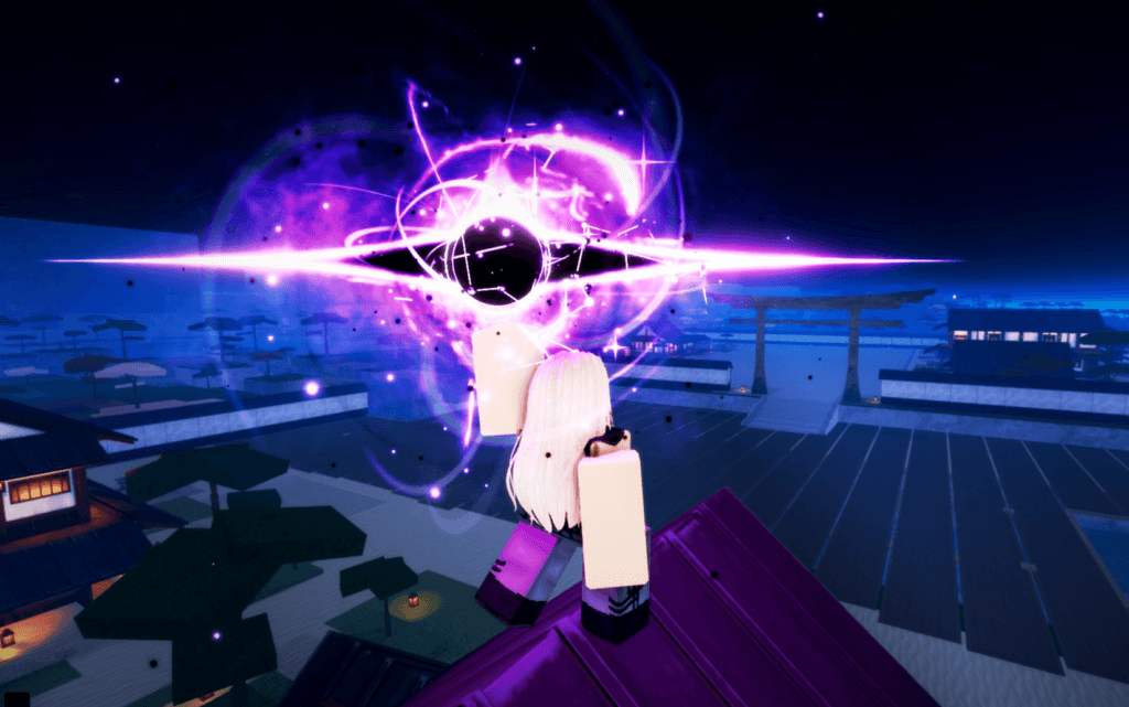 Screenshot from Jujutsu Zero on Roblox, showing a player avatar on a rooftop unleashing a powerful purple energy attack against a nighttime backdrop.