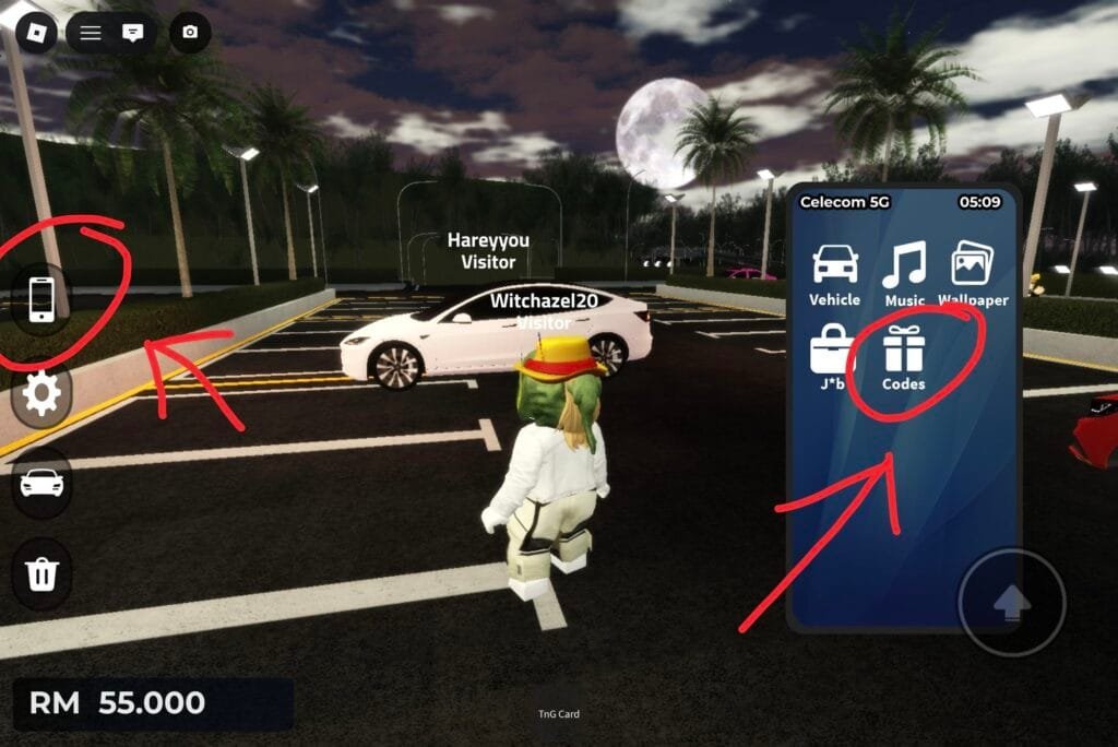 Roblox DriveMY screenshot with red arrows highlighting the phone icon on the left, and the "Codes" button on the phone interface, indicating where to redeem codes. A player avatar stands in a parking lot with palm trees and cars.