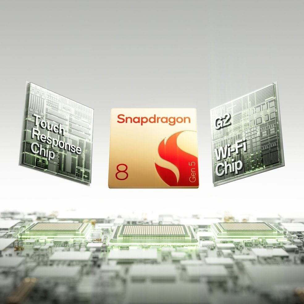 Image showcasing the OnePlus 15R's Snapdragon 8 Gen 5, Touch Response Chip, and G2 Wi-Fi Chip.