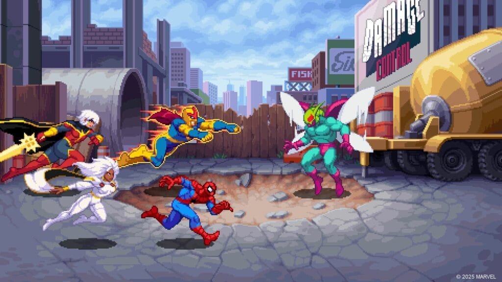 Marvel Cosmic Invasion Launches on PC & Consoles: Tribute Games' New Tag-Team Beat 'Em Up 2 Pixel art screenshot from Marvel Cosmic Invasion showing Spider-Man, Storm, and other heroes battling a winged villain in a damaged city street, with a 'Damage Control' sign and construction equipment in the background