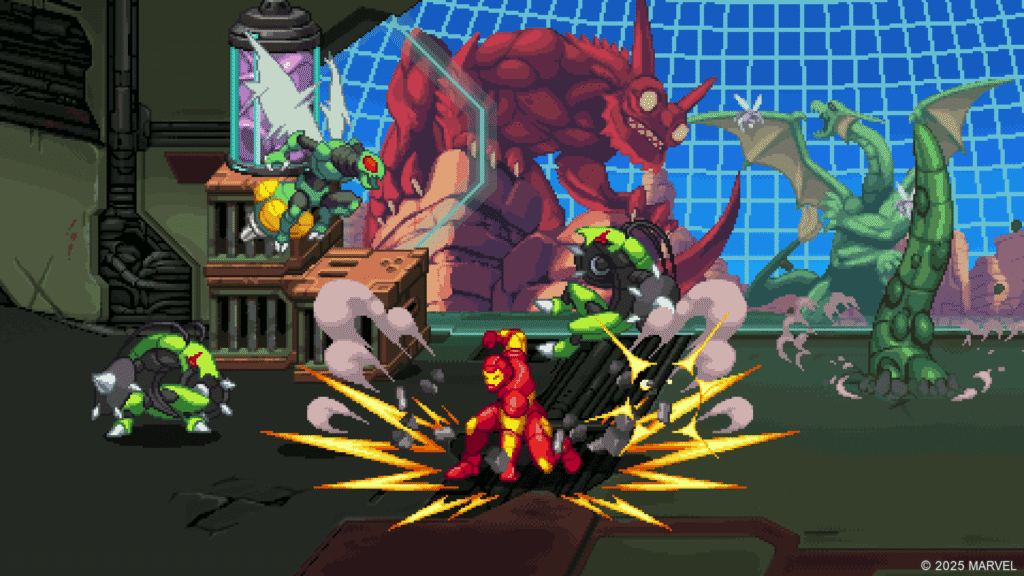 Marvel Cosmic Invasion Launches on PC & Consoles: Tribute Games' New Tag-Team Beat 'Em Up 3 Pixel art from Marvel Cosmic Invasion shows Iron Man battling robotic enemies and monstrous creatures in a lab setting with containment cells and sci-fi elements.