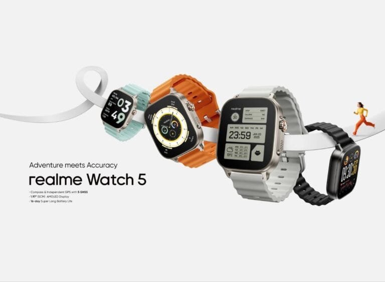 Realme Watch 5 Debuts in India with Up to 20 Days of Battery Life A promotional image of the Realme Watch 5 showing multiple smartwatches with different colored straps—light blue, orange, gray, and black—displaying various screens such as fitness tracking, time, and health data, set against a plain background.