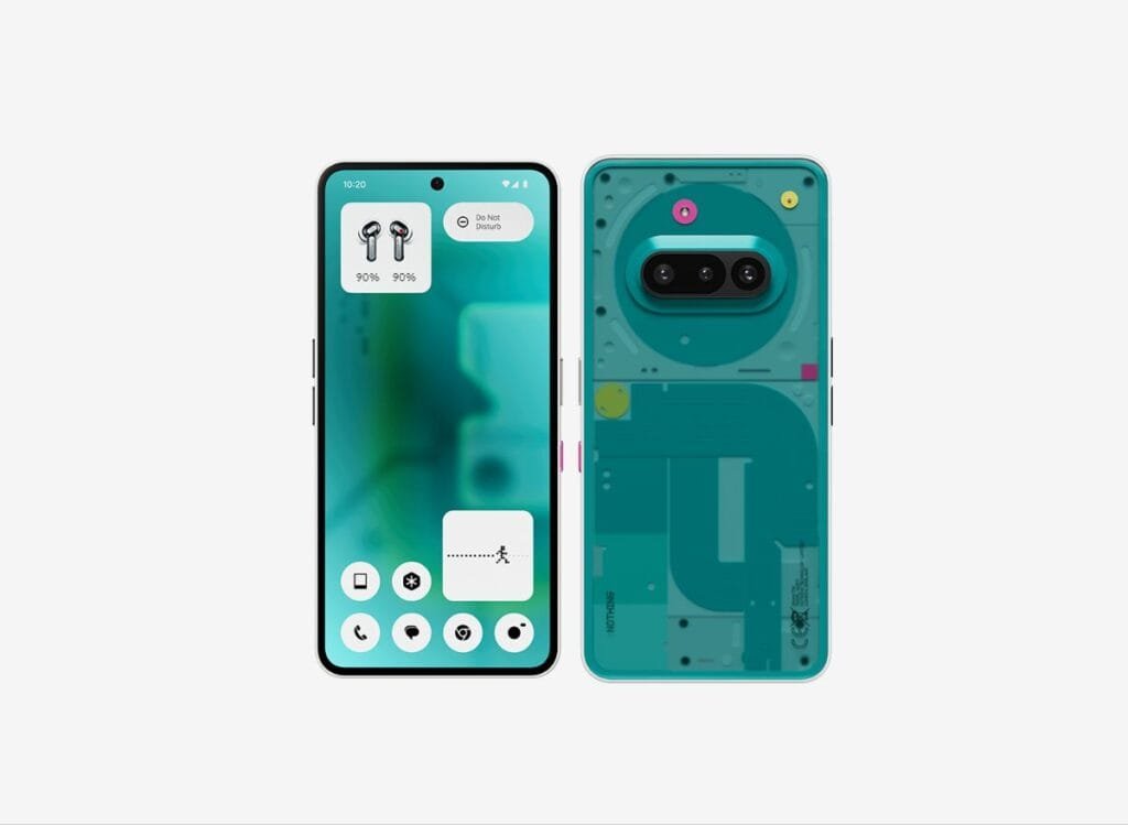 Image of the Nothing Phone (3a) Community Edition. The front shows a clean display with widgets, while the back reveals a transparent design with internal components.