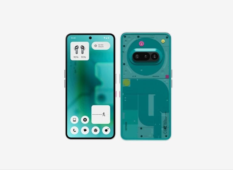 Image of the Nothing Phone (3a) Community Edition. The front shows a clean display with widgets, while the back reveals a transparent design with internal components.