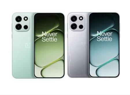 Image of the OnePlus Turbo 6 (left, light green) and Turbo 6V (right, silver). Both have 'Never Settle' on the screen and show rear quad-camera setups. The 6V has a textured back panel.