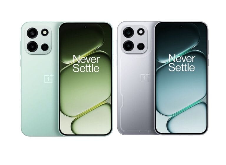 Image of the OnePlus Turbo 6 (left, light green) and Turbo 6V (right, silver). Both have 'Never Settle' on the screen and show rear quad-camera setups. The 6V has a textured back panel.