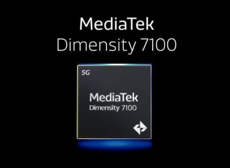 A promotional image of the MediaTek Dimensity 7100 5G chipset. The image features a dark background with 'MediaTek' and 'Dimensity 7100' displayed in white text above a close-up of the square-shaped chip, which has 'MediaTek', 'Dimensity 7100', and a '5G' label printed on its surface, along with a small white logo at the bottom right.