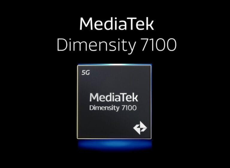 A promotional image of the MediaTek Dimensity 7100 5G chipset. The image features a dark background with 'MediaTek' and 'Dimensity 7100' displayed in white text above a close-up of the square-shaped chip, which has 'MediaTek', 'Dimensity 7100', and a '5G' label printed on its surface, along with a small white logo at the bottom right.