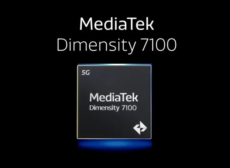 MediaTek Unveils Dimensity 7100: 6nm Chip for Midrange 5G Phones A promotional image of the MediaTek Dimensity 7100 5G chipset. The image features a dark background with 'MediaTek' and 'Dimensity 7100' displayed in white text above a close-up of the square-shaped chip, which has 'MediaTek', 'Dimensity 7100', and a '5G' label printed on its surface, along with a small white logo at the bottom right.