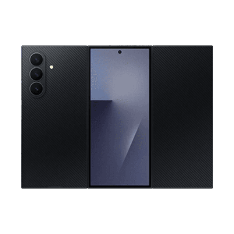 Image of the Samsung Galaxy Z TriFold fully open, revealing a large screen with a centered punch-hole camera. The rear panel shows a triple-camera array.