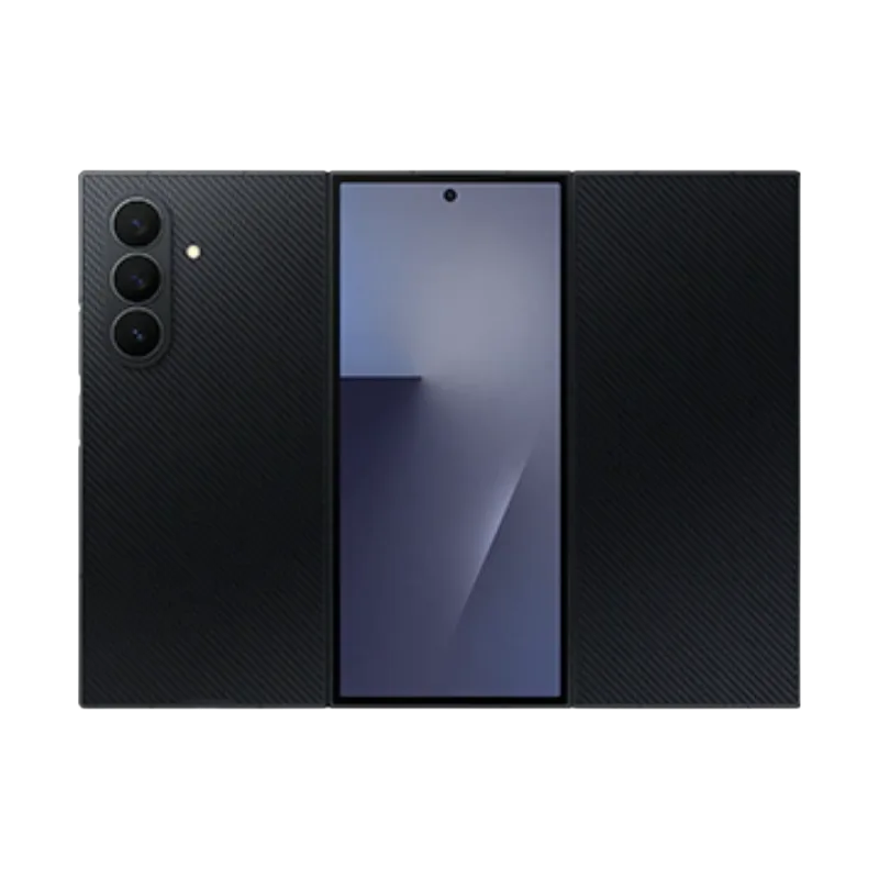 Samsung Galaxy Z TriFold Image of the Samsung Galaxy Z TriFold fully open, revealing a large screen with a centered punch-hole camera. The rear panel shows a triple-camera array.
