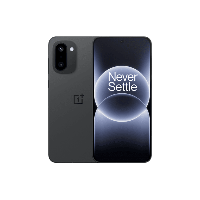 OnePlus 15R A OnePlus smartphone is displayed against a black background, showcasing its dual-camera system and a screen displaying the 'Never Settle' slogan. The phone has a sleek, minimalist design.