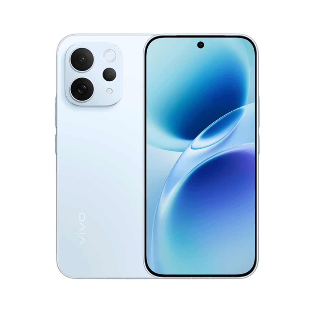 Vivo S50 with a light blue back, featuring a prominent circular camera module with multiple lenses and a vibrant curved display showing a blue abstract wallpaper.