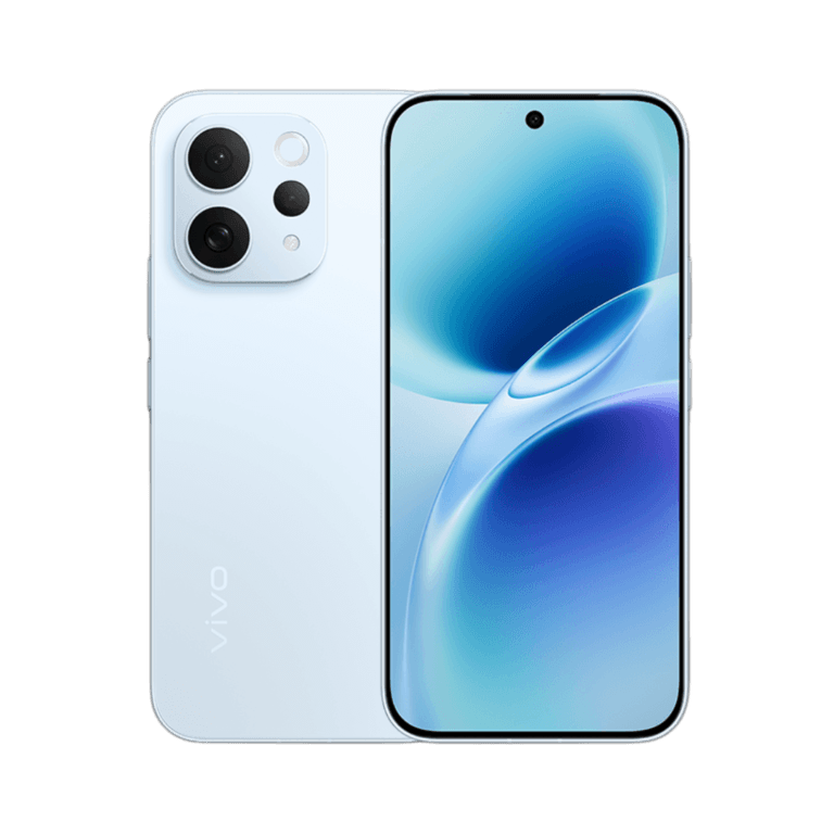 Vivo S50 Vivo S50 with a light blue back, featuring a prominent circular camera module with multiple lenses and a vibrant curved display showing a blue abstract wallpaper.