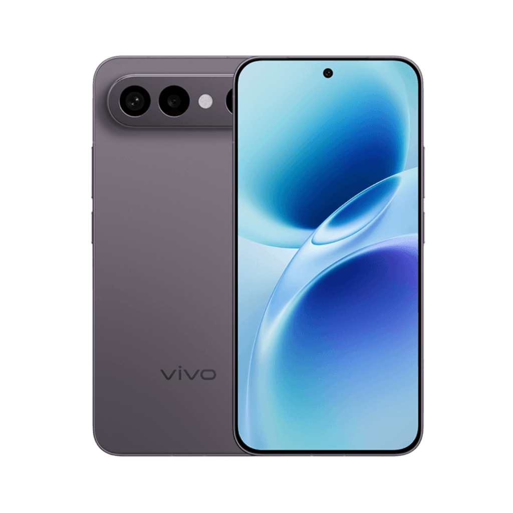 Front and back view of the Vivo X300 FE. The back features a triple camera array and the Vivo logo. The front displays a curved screen with a punch-hole camera.