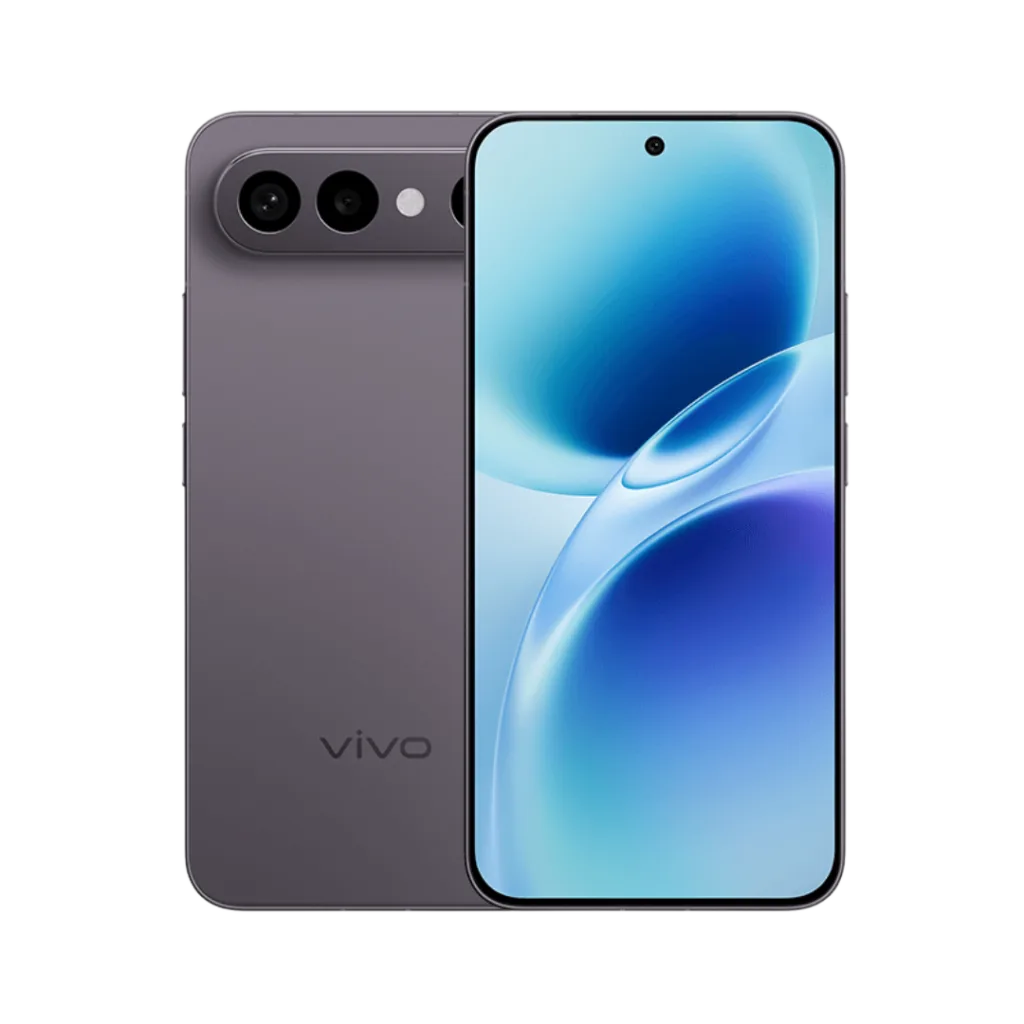 Front and back view of the Vivo X300 FE. The back features a triple camera array and the Vivo logo. The front displays a curved screen with a punch-hole camera.