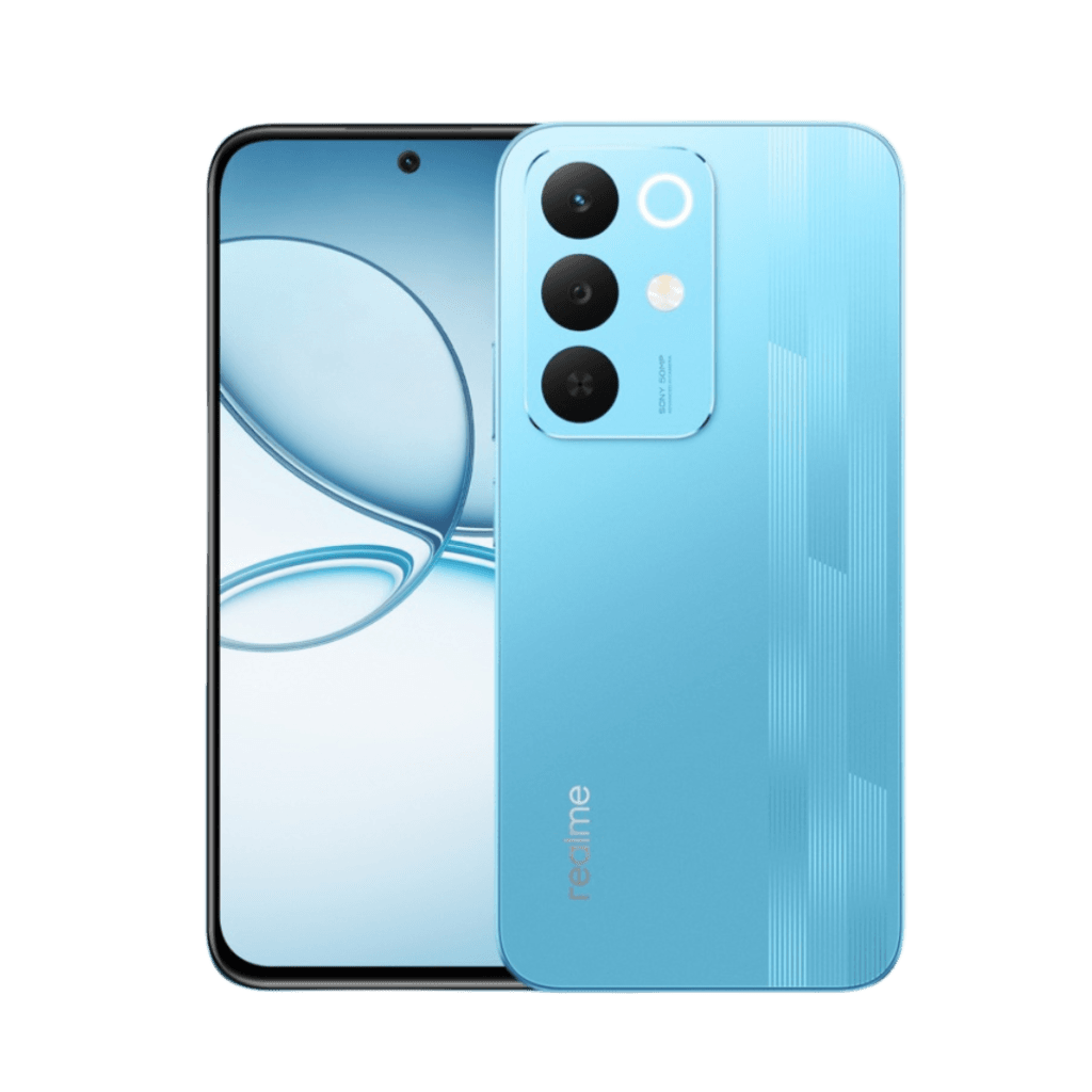 Realme Narzo 90x Image of the Realme Narzo 90x featuring a punch-hole display and a vertical triple-camera arrangement on the back, set against a light blue textured finish.